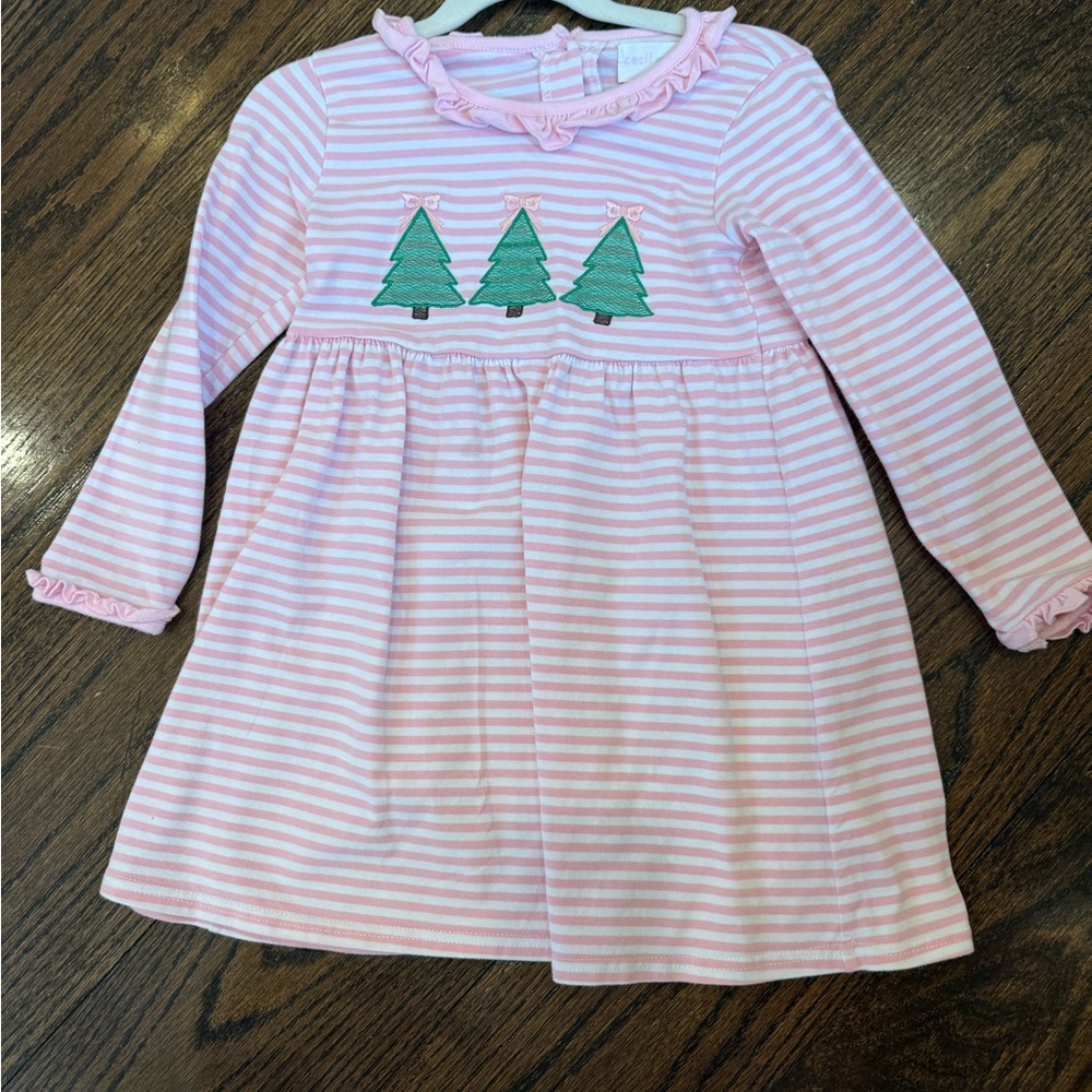 Cecil and Lou Pink & White Striped Dress with Green Christmas Tree Appliques